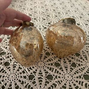2 Kugel style crackled glass amber /gold glass ornaments. Heavy. Preloved 3.5”